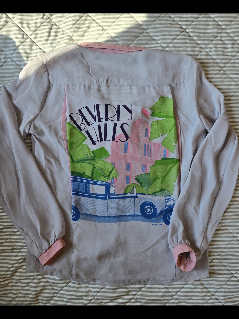 Vintage Beverly Hills Scenic Print Blouse - Pink & Green Panel